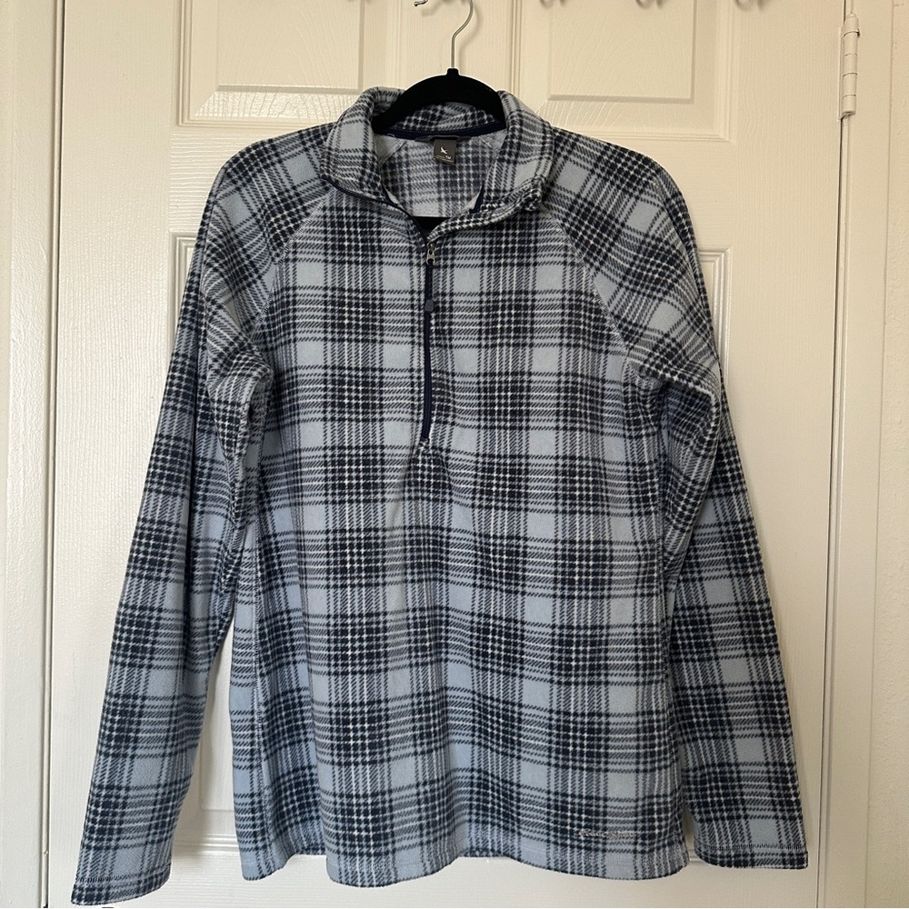 Eddie Bauer Women’s Med Plaid Fleece Pullover Quarter Zip Blue Gray Cozy Jacket